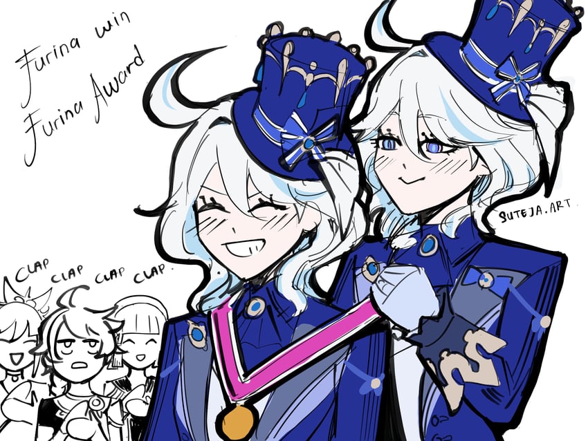 aether, furina, kamisato ayaka, and yoimiya (genshin impact) drawn by suteja