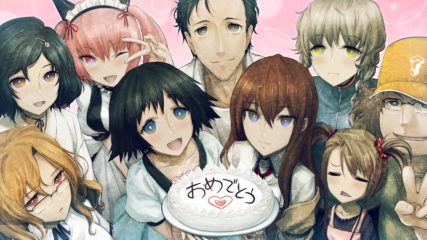 makise kurisu, okabe rintarou, shiina mayuri, amane suzuha, urushibara ruka, and 4 more (steins;gate) drawn by huke