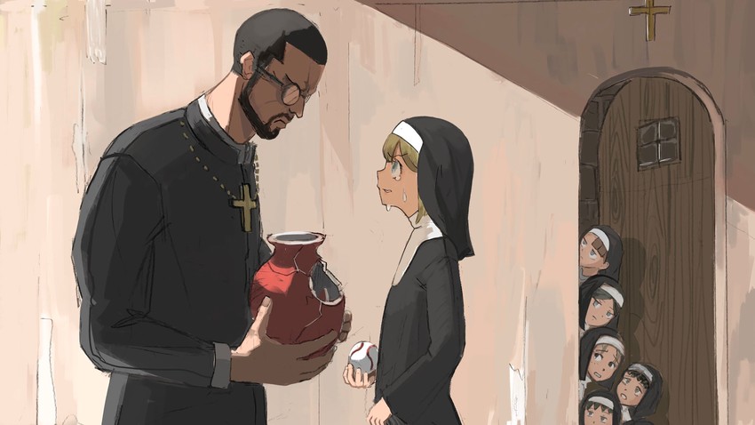 clumsy nun, spicy nun, father, square nun, eyelashes nun, and 1 more (little nuns) drawn by diva_(hyxpk)
