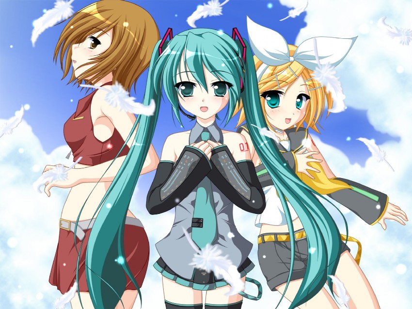 hatsune miku, kagamine rin, and meiko (vocaloid) drawn by kakesu