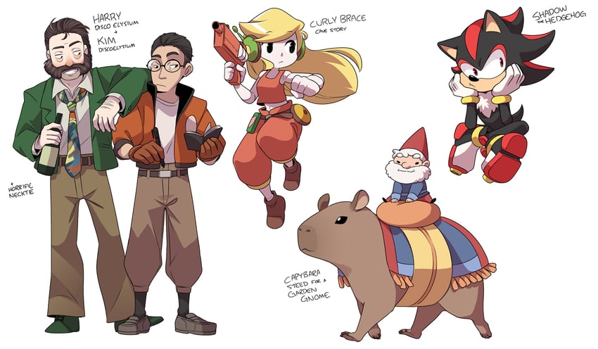 shadow the hedgehog, curly brace, kim kitsuragi, harry du bois, and horrific necktie (sonic and 3 more) drawn by mary_cagle