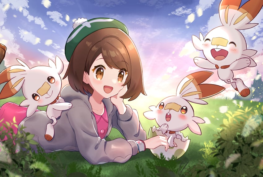 gloria and scorbunny (pokemon and 1 more) drawn by haru_(haruxxe)