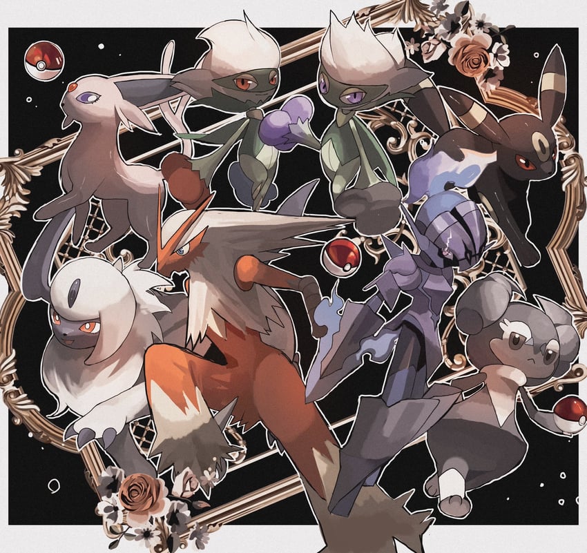 umbreon, espeon, absol, roserade, ceruledge, and 1 more (pokemon) drawn by reo_(mmocc123)