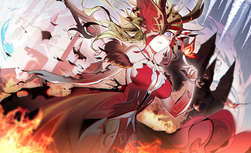 crimson lotus moth and signora (genshin impact) drawn by vanink