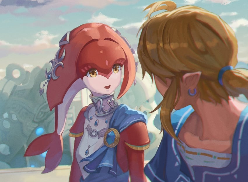 link and mipha (the legend of zelda and 1 more) drawn by saburou_(jako)