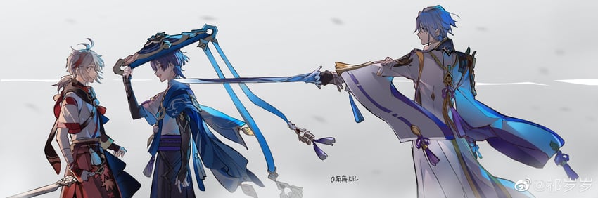 scaramouche, wanderer, kaedehara kazuha, and kamisato ayato (genshin impact) drawn by qi_sui