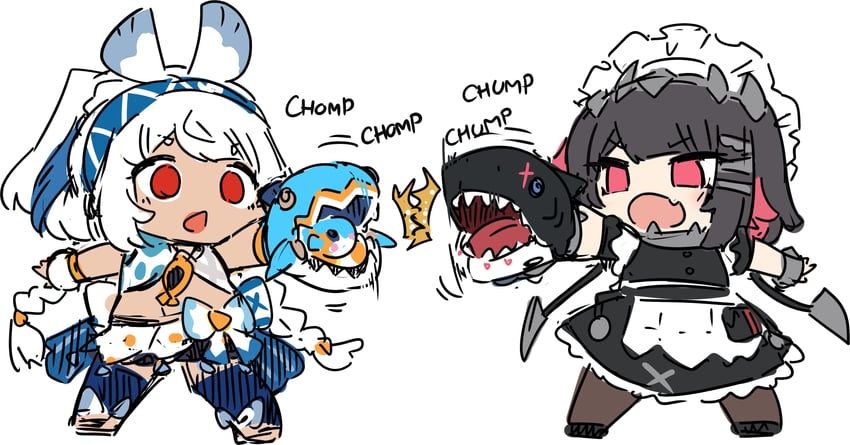 ellen joe and mualani (genshin impact and 2 more) drawn by sesield