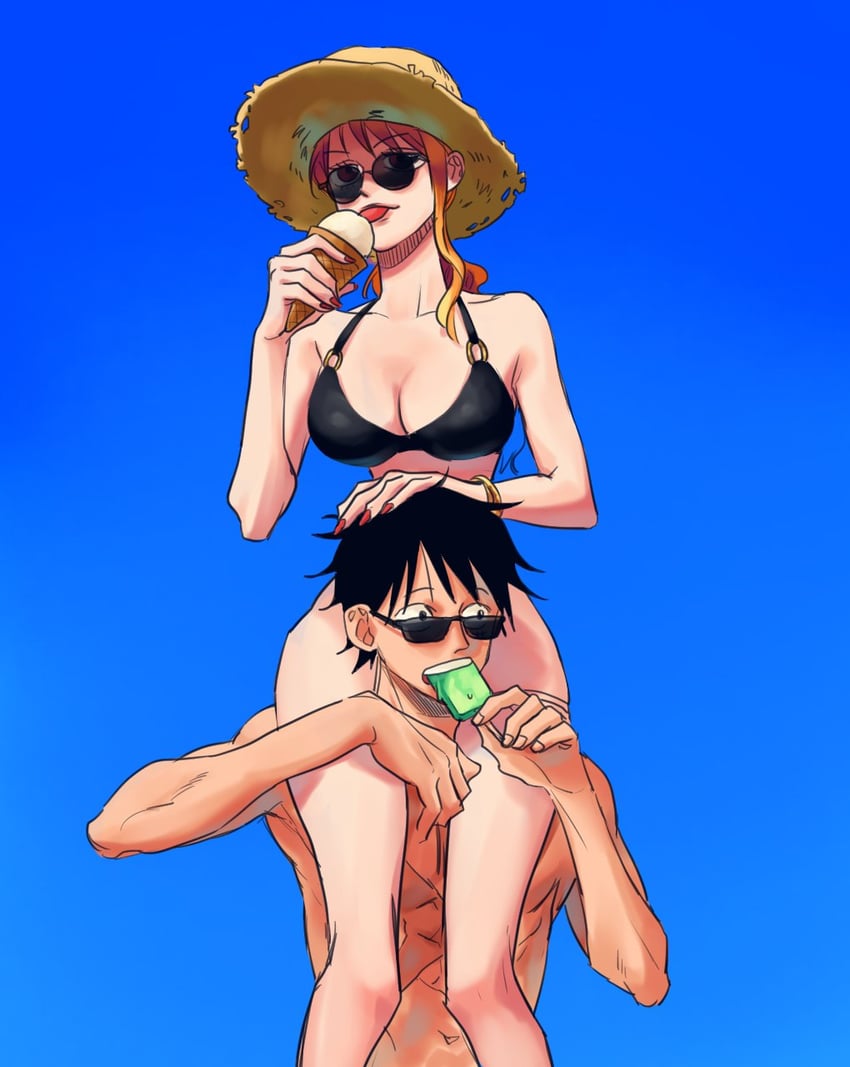 nami and monkey d. luffy (one piece) drawn by seseasl