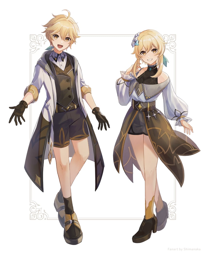 lumine and aether (genshin impact) drawn by shimanaka_(shimanaka_sushi)