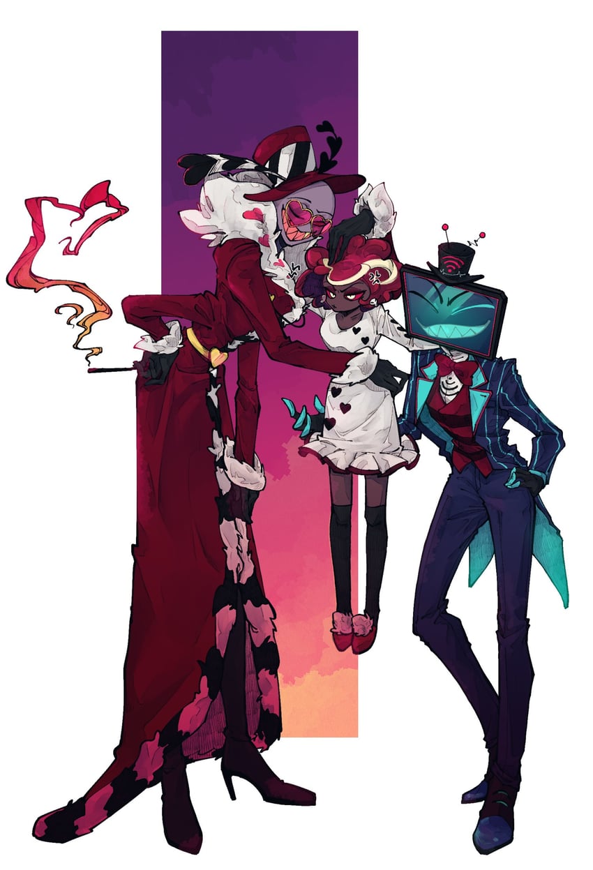 valentino, vox, and velvette (hazbin hotel) drawn by jelly_bear2