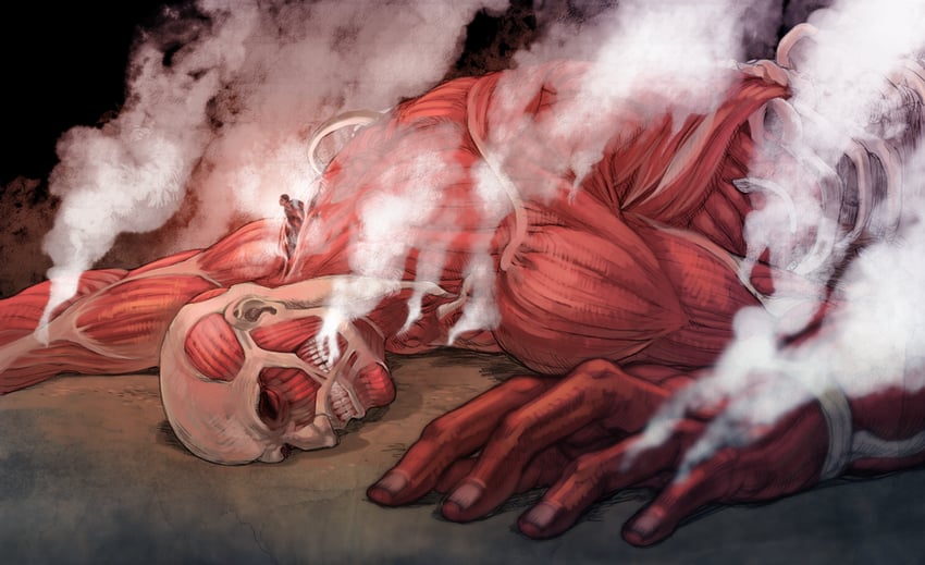 eren yeager, titan, and colossal titan (shingeki no kyojin) drawn by prema-ja