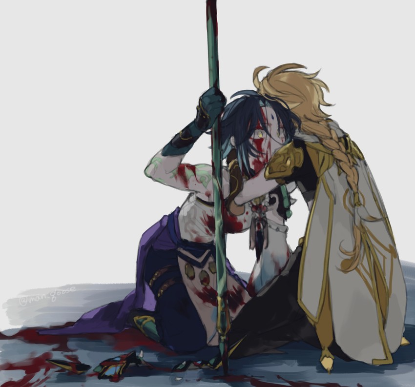 aether and xiao (genshin impact) drawn by maka_(morphine)