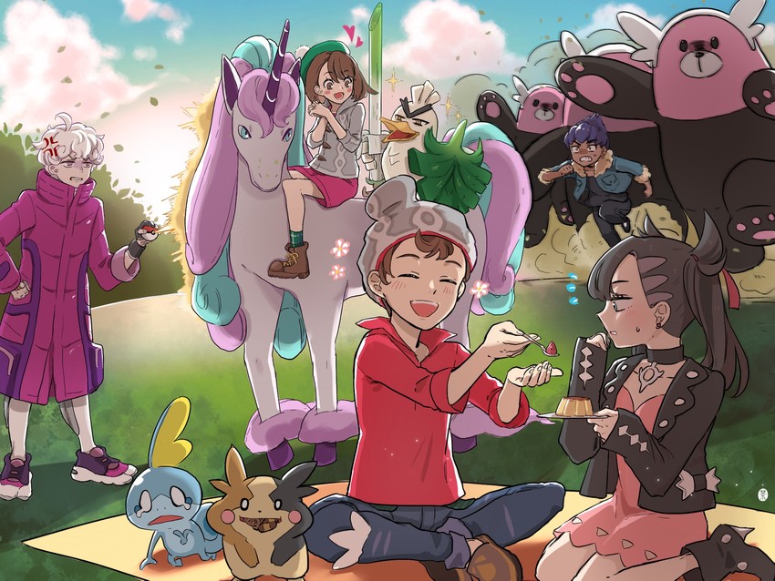 marnie, gloria, morpeko, sobble, hop, and 5 more (pokemon and 1 more) drawn by nai_gai_hongcha