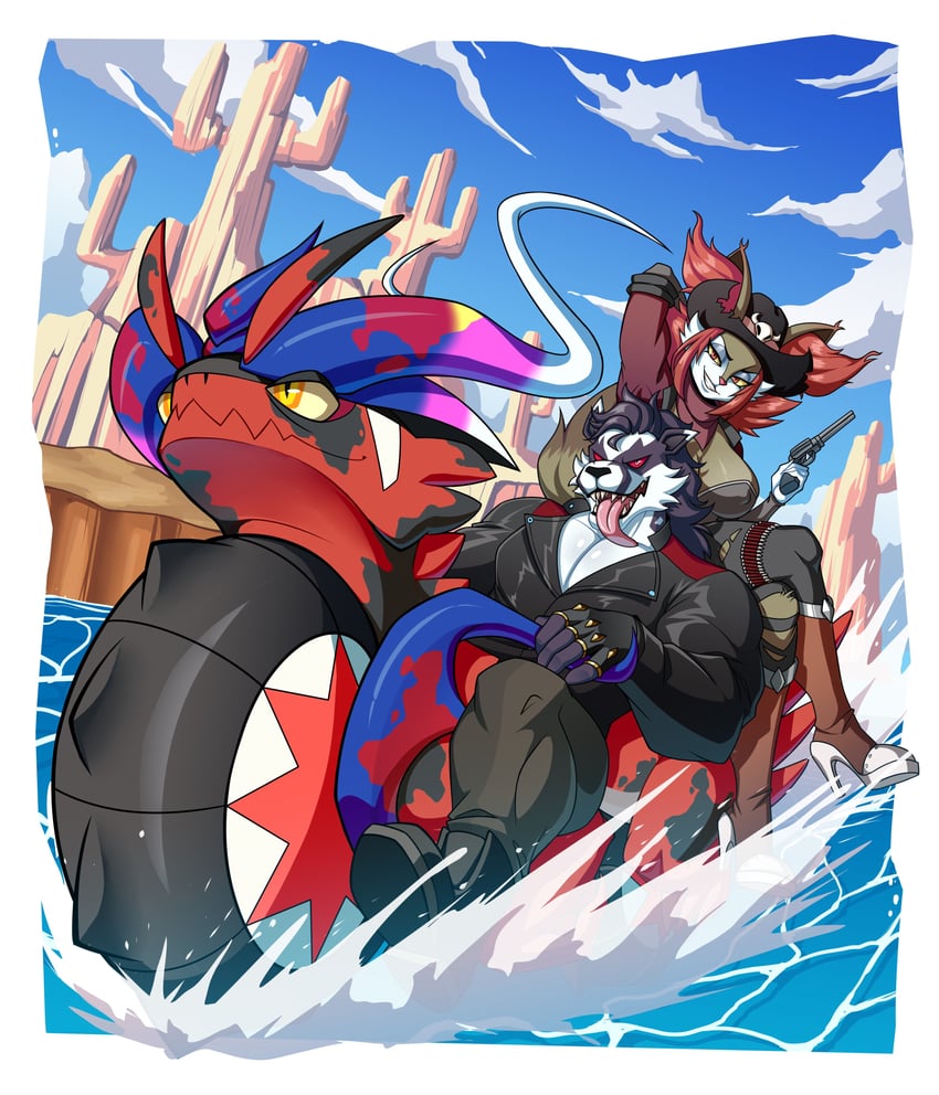 koraidon, delphox, and obstagoon (original and 1 more) drawn by percodine