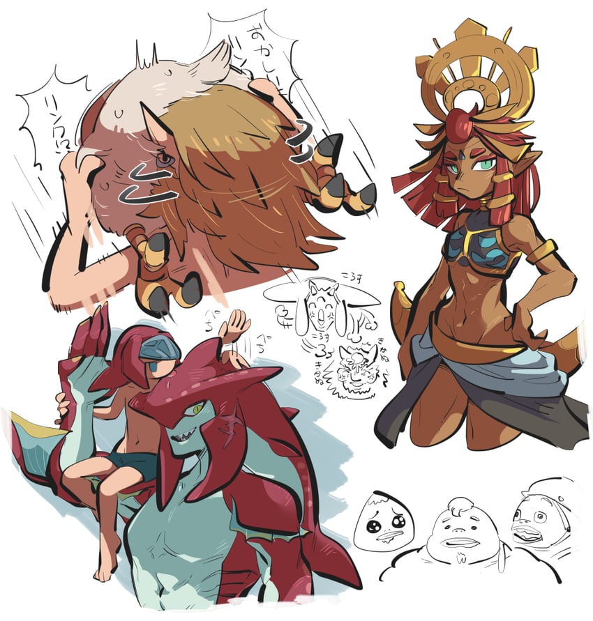 link, sidon, riju, tulin, and yunobo (the legend of zelda and 1 more) drawn by tirarizun
