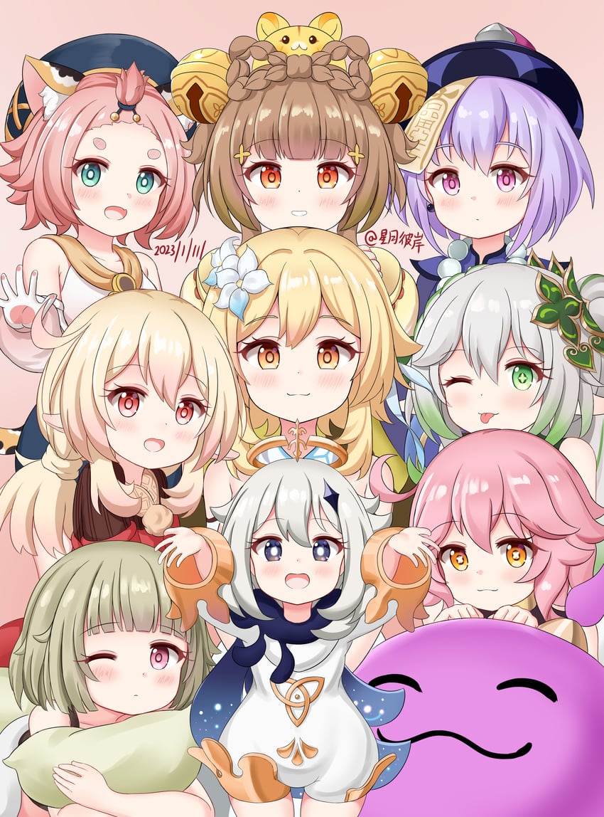 lumine, nahida, paimon, klee, qiqi, and 6 more (genshin impact) drawn by hoshitsuki_higan