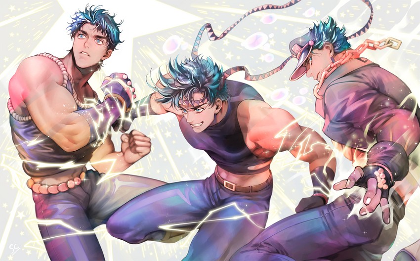 joseph joestar, kujo jotaro, jonathan joestar, and star platinum (jojo no kimyou na bouken and 3 more) drawn by sicon