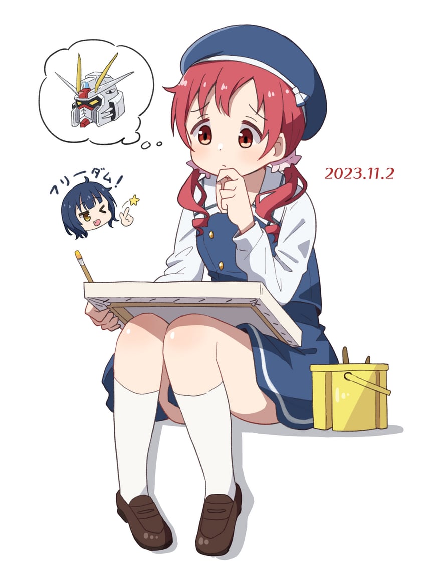 jouga maya, natsu megumi, and freedom gundam (gundam and 2 more) drawn by mohei