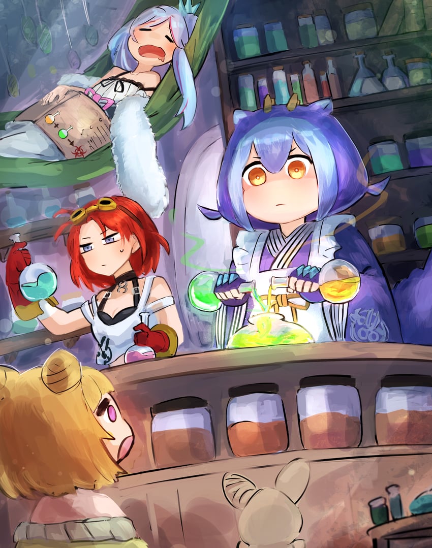 laundry dragonmaid, rilliona, witchcrafter madame verre, witchcrafter potterie, and witchcrafter schmietta (yu-gi-oh!) drawn by hatano_kiyoshi