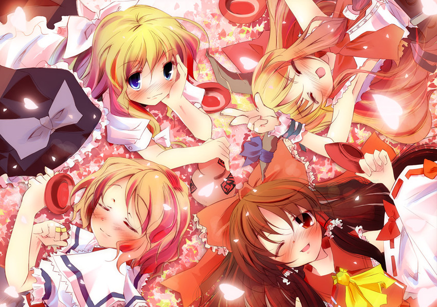 hakurei reimu, kirisame marisa, alice margatroid, and ibuki suika (touhou) drawn by kamiya_yuu