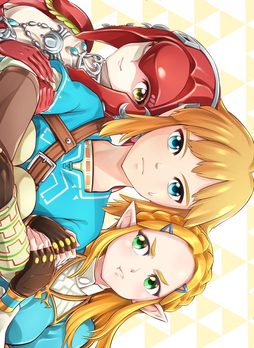 link, princess zelda, and mipha (the legend of zelda and 1 more) drawn by mizunocarbona