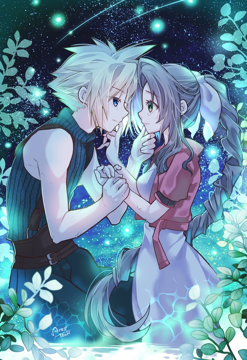 cloud strife and aerith gainsborough (final fantasy and 3 more) drawn by arestear0701