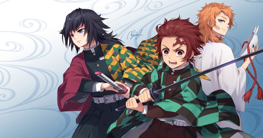 kamado tanjirou, tomioka giyuu, and sabito (kimetsu no yaiba) drawn by rupinesu