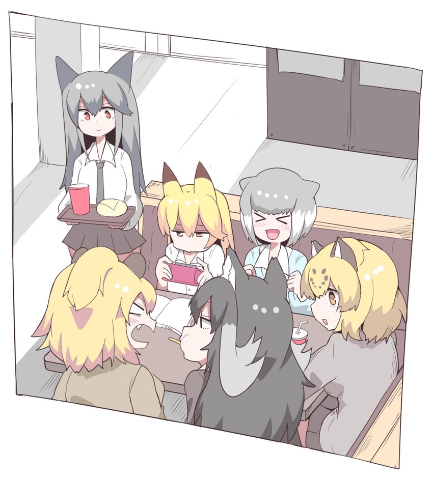 silver fox, ezo red fox, jaguar, lion, moose, and 1 more (kemono friends) drawn by hifumitaka