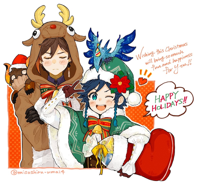 zhongli, venti, azhdaha, and dvalin (genshin impact) drawn by misoshiru_umai4