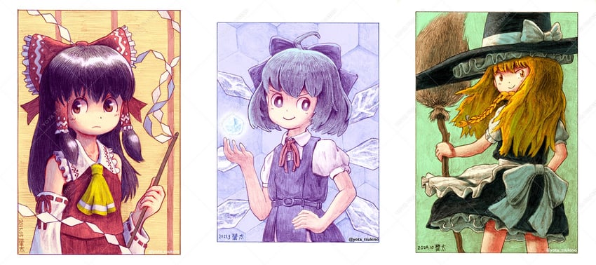 hakurei reimu, kirisame marisa, and cirno (touhou) drawn by iqra