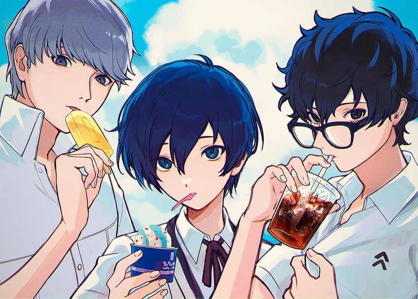 narukami yu, yuuki makoto, and amamiya ren (persona and 3 more) drawn by hahamusutaaaa