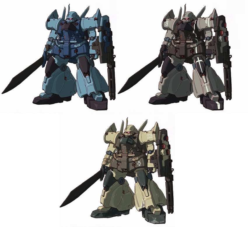 gouf, gouf custom, and gouf flight type (original and 3 more) drawn by tessaku_ro