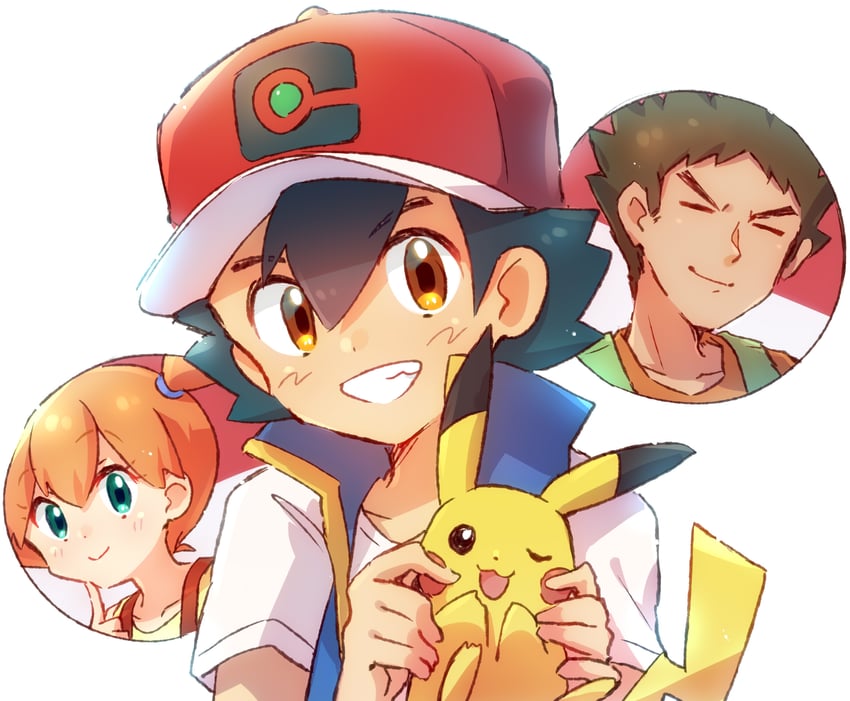 pikachu, ash ketchum, misty, and brock (pokemon and 1 more) drawn by nyaa_(nnekoron)