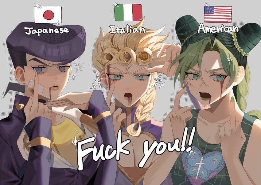 kujo jolyne, giorno giovanna, and higashikata josuke (jojo no kimyou na bouken and 3 more) drawn by zun_doko_beroncho