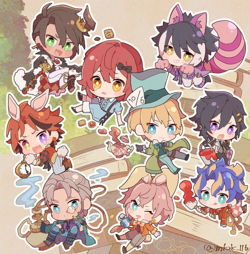 alice, white rabbit, cheshire cat, kageyama shien, astel leda, and 11 more (holostars and 1 more) drawn by jinra_(mkzk_116)