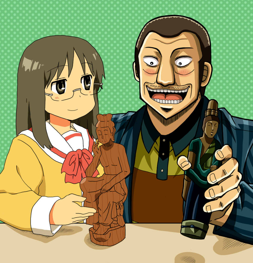 minakami mai, buddha, sakazaki koutarou, and maitreya (nichijou and 1 more) drawn by maguronnbiba