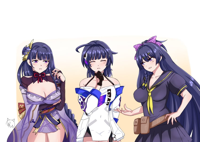 raiden shogun, raiden mei, and sawashiro miyuki (genshin impact and 4 more) drawn by kudayunii
