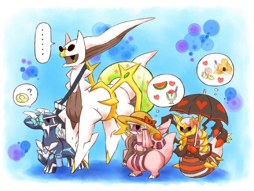 giratina, arceus, dialga, and palkia (pokemon and 1 more) drawn by kabocha_torute