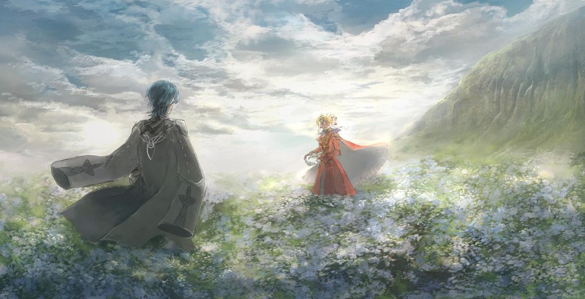 edelgard von hresvelg and male byleth (fire emblem and 1 more) drawn by esuda0919