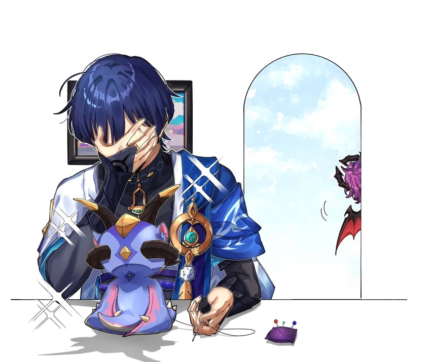 scaramouche, wanderer, and mini durin (genshin impact) drawn by yuka_(pixiv38407039)