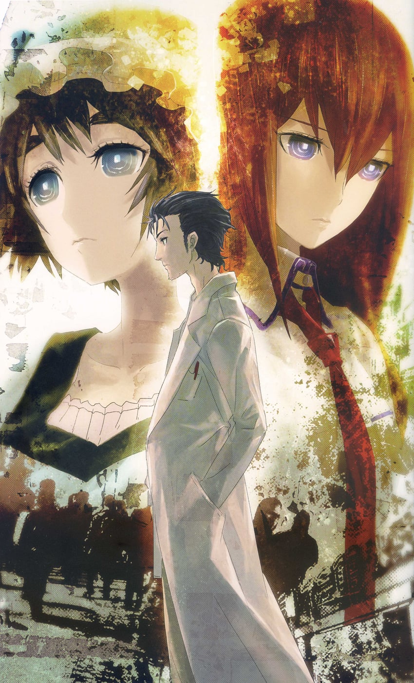 makise kurisu, okabe rintarou, and shiina mayuri (steins;gate) drawn by huke