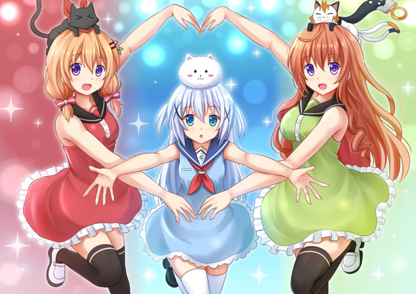 kafuu chino, hoto cocoa, tippy, sakamoto, and hoto mocha (gochuumon wa usagi desu ka? and 1 more) drawn by kazenokaze