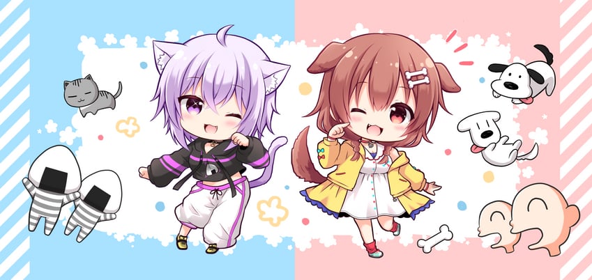 nekomata okayu, inugami korone, listener, onigirya, hoso-inu, and 2 more (hololive and 1 more) drawn by kashiwadokoro