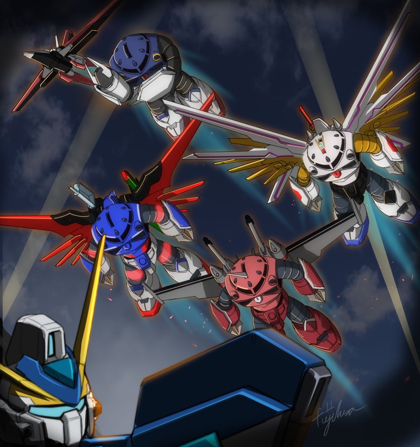 mighty strike freedom gundam, destiny gundam spec ii, z'gok, infinite justice gundam type ii, windam, and 1 more (gundam and 2 more) drawn by fujikusa