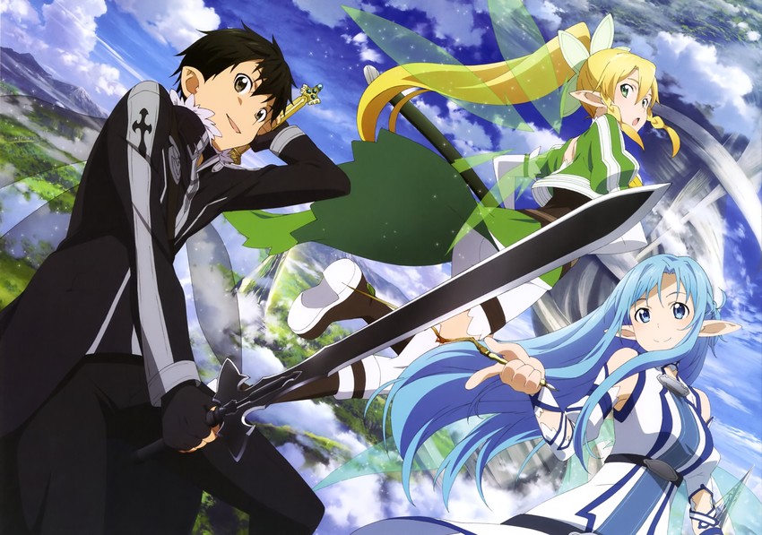 asuna, kirito, and leafa (sword art online) drawn by nishiguchi_tomoya