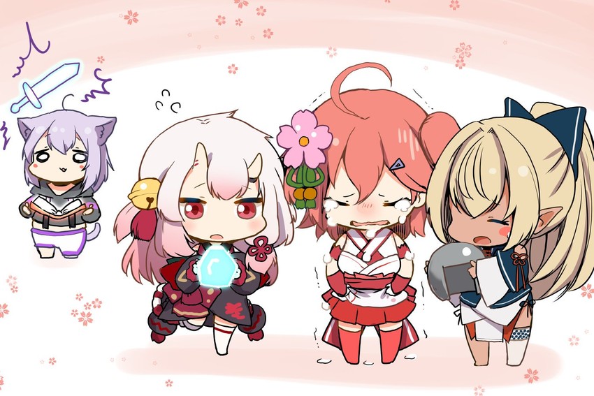 nekomata okayu, sakura miko, nakiri ayame, and shiranui flare (hololive and 1 more) drawn by nejime