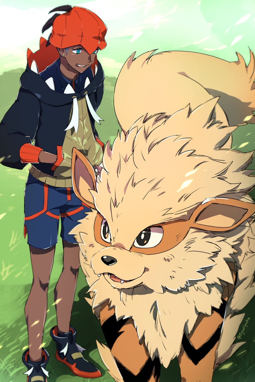 raihan and arcanine (pokemon and 1 more) drawn by nyoripoke