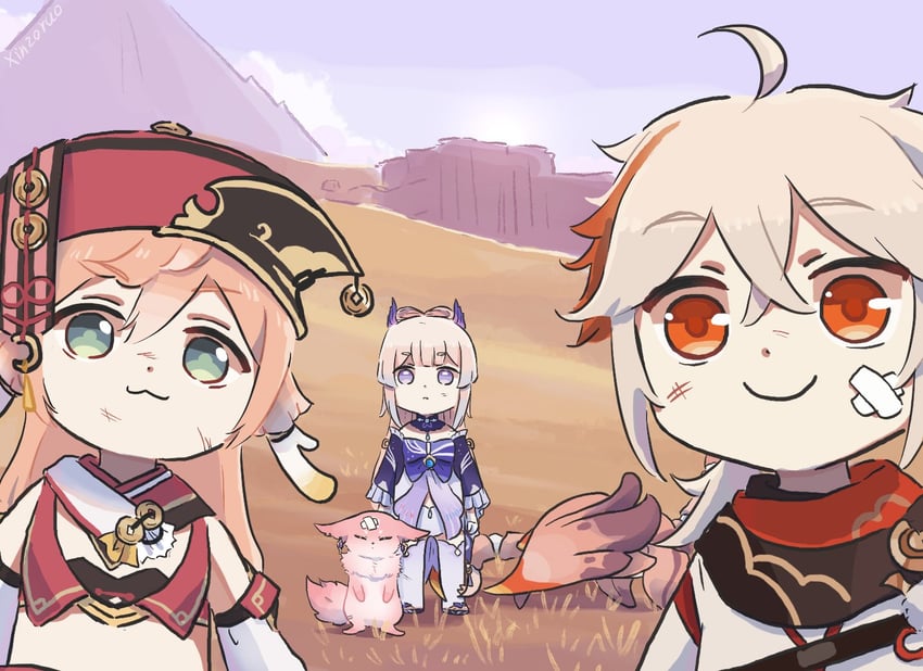 yae miko, sangonomiya kokomi, kaedehara kazuha, and yanfei (genshin impact) drawn by xinzoruo
