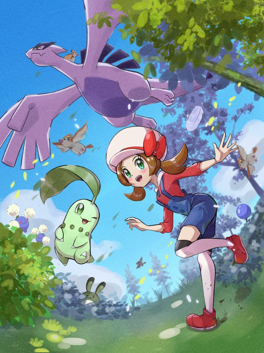 lyra, chikorita, marill, lugia, sentret, and 2 more (pokemon and 1 more) drawn by inana_umi