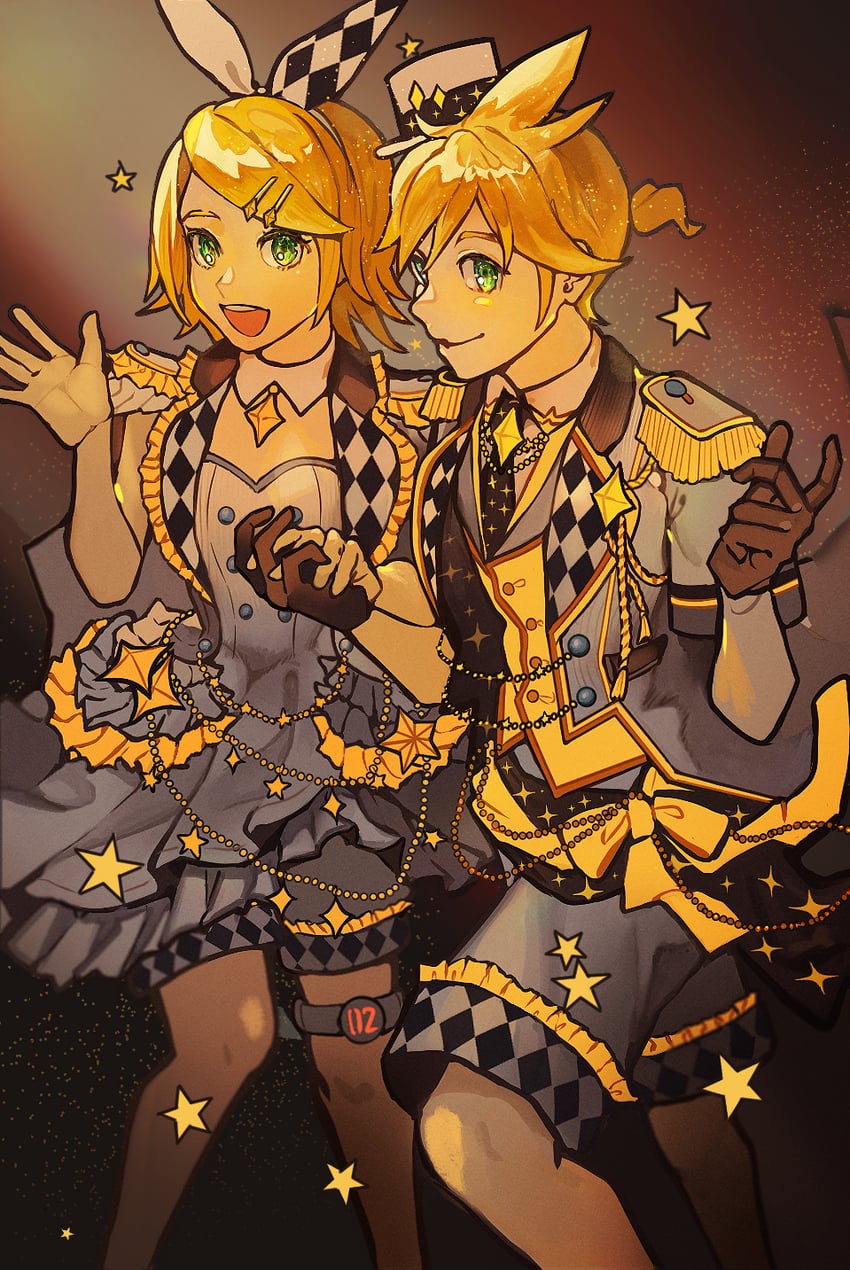 kagamine rin, kagamine len, more more jump! rin, and more more jump! len (vocaloid and 1 more) drawn by nunosei